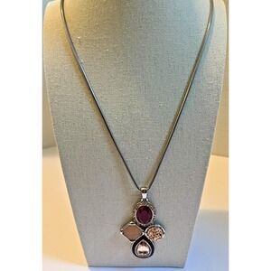 Chico's Abstract Necklace Multi-Stone Pendant Silvertone‎ Chain 15.5" Drop Boho